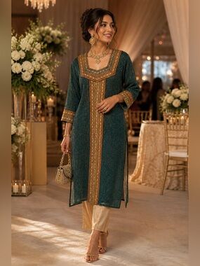 Luv-Kush Silk & Zari Embroidered Indian Kurta Dress Teal Gold Wedding Guest XL